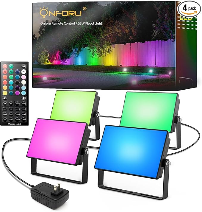 Onforu RGBW Flood Lights Outdoor with Remote, Color Changing LED Landscape Lights, IP65 Waterproof Uplights for Events, Uplighting for Halloween Christmas Garden Yard Party, Wired 4 Pack