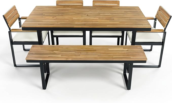 6-Piece Outdoor Acacia Wood Dining Set, 1 Table with 4 Chairs & 1 Bench, Comfortable Cushions on Chairs, Adjustable Feet, for Patio, Garden, Backyard Family Gatherings (Beige-6A)