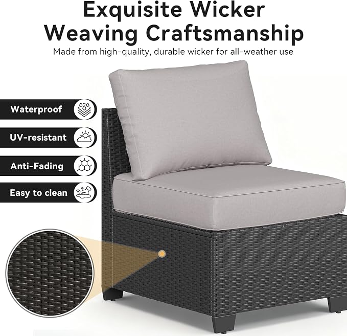 Aoxun Patio Furniture Set, 9 Pcs Outdoor Patio Furniture Sets with 4 in Thicken Cushion, Widen Armrests Wicker Outdoor Sectional for Backyard & Garden, Grey