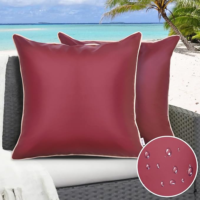 Pack of 2 Silicone Leather Outdoor Waterproof Pillow Covers 18x18 Inch Burgundy Outdoor Decorative UV Fade Resistant Pillows Cushion Case for Couch Patio Tent Sunbrella