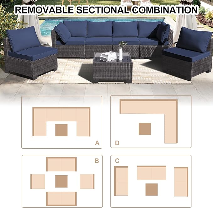 CANMOV 7 Pieces Patio Furniture Sets, All Weather Outdoor Patio Conversation Set, PE Wicker Rattan Sectional Sofa Couch Glass Coffee Table Washable Cushions for Backyard Garden, Porch, Navy Blue