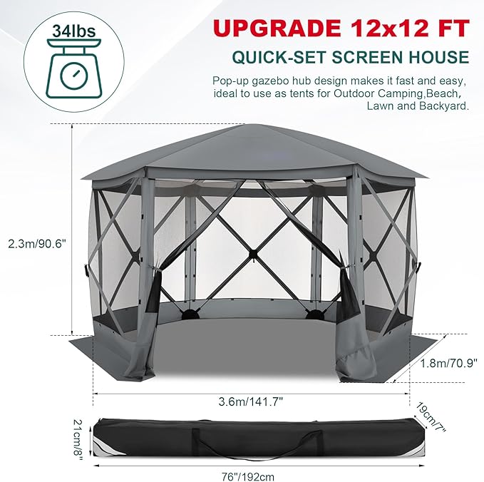 COBIZI 12x12 FT Pop Up Canopy Stargazing Tent, Gazebos On Clearance with Removable Roof, Screened in Gazebo, Screen Tents Portable carpas para Patio for Outdoor Camping,Backyard, Garden, Grey(Pro)