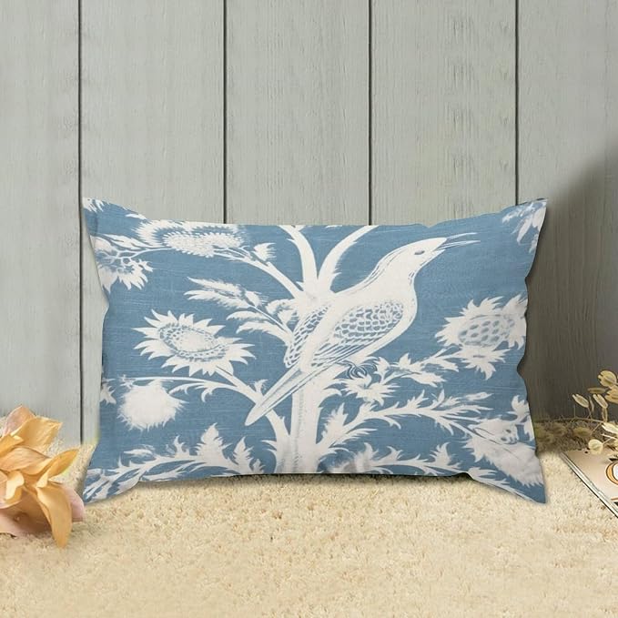Set of 2 Blue Turquoise and White Birds Plant Cushion Cover Case with Zipper 12x18in Canvas Pillow Cover Rectangle Pillow Case for Couch Bed Car Pub Coffee Bar Living Room Decoration