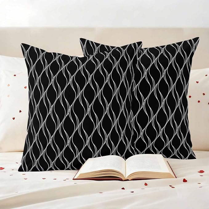 Outdoor Pillow Covers Waterproof, Black Gold Wave Abstract Art Foil Print Pattern All Weather Cushion Case Set of 2, White Thin Line Decorative Pillowcases for Sofa Bed Decor Patio Furniture 24"x24"