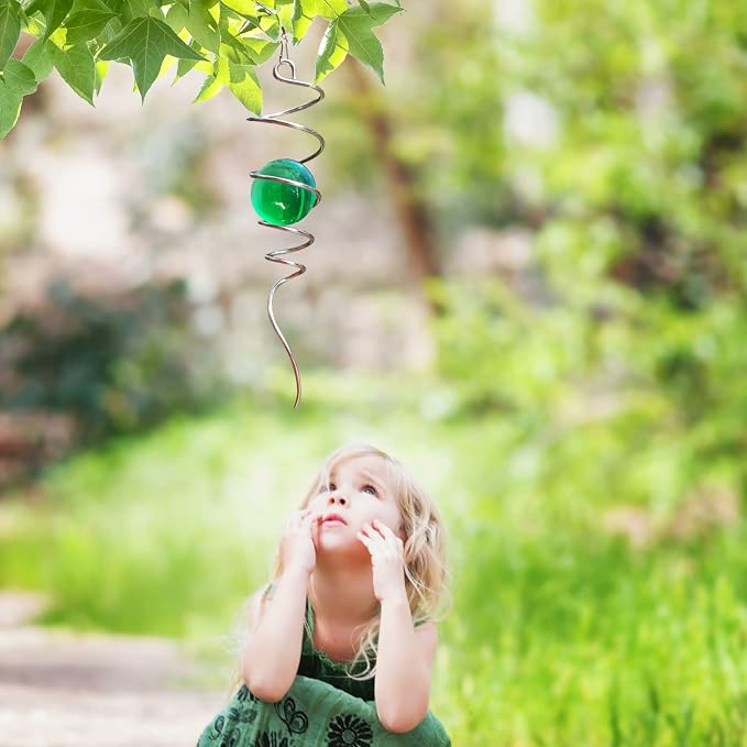 Aoedelyart Wind Spinner Tail Gazing Ball Spiral Decorative Wind Spinners Sun Catcher 11inch Tail and 2 inch Glass Orb. Indoor Outdoor Garden Decoration Wind Spinner Stabilizer -13 inch Height (Green)