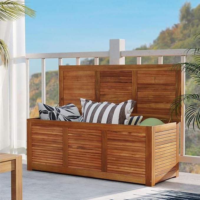 HOMGX Acacia Wood Outdoor Storage Box, 46 Gallon Deck Box Patio Bench for Toys Storage, Gardening Tools, Porch, Backyard