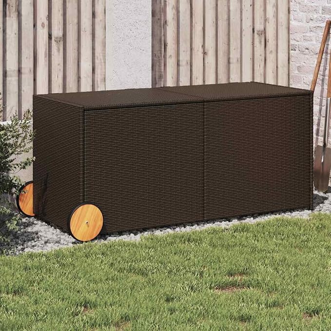 283 Gallon Garden Storage Box, Brown PE Rattan Outdoor Storage Chest with Wheels and Gas Spring for Patio, Balcony, and Garden