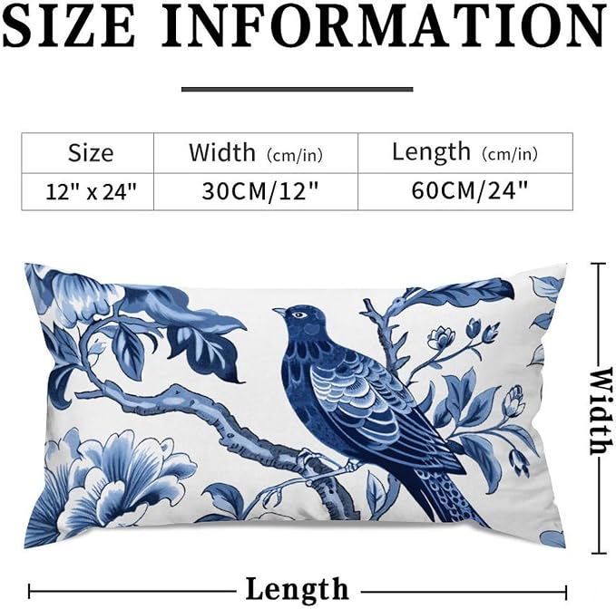 Blue Indigo Floral Chinoiserie Rectangular Cushion Cover Asian Navy Lotus Bird Cushion Cover 12x24in Classic Accent Decorative Cushion Covers Home Decor for for Sofa Couch Bed Car Indoor