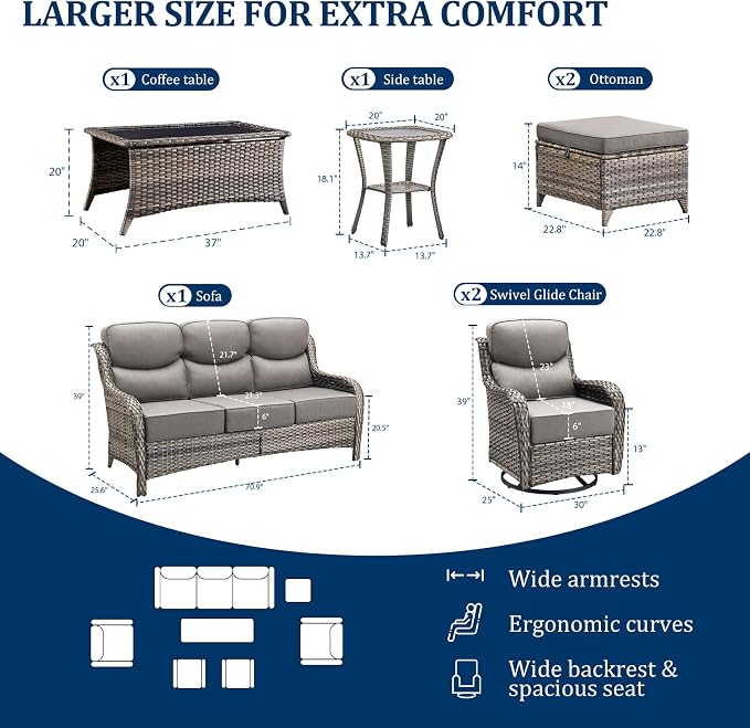 Luxury Swivel Rocker Chair Sofa Set with 6" Thick Cushions,7-Piece Wicker Patio Chair with Coffee Table and Ottoman,Outdoor Comfortable High Back Chair Patio Furniture Set - Gery | Gery