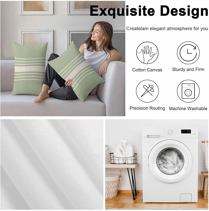Vandarllin Outdoor Throw Pillows Covers 20x12 inch Set of 2 Waterproof Sage Green Vertical Stripes Decorative Zippered Cushion Covers for Patio Furniture, Classic Striped Linen Lumbar Pillowcases