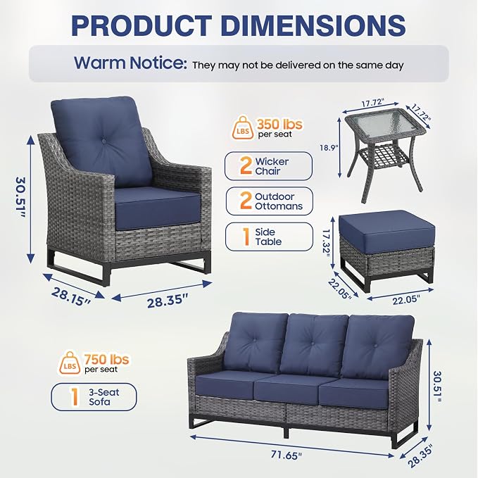 6 Piece Patio Furniture Set,Comfortable Seating Wicker Chairs Set of 2,Outdoor Side Tale and 2 Ottomans, Sofa, All-Weather Wicker Patio Set with 6 Inch Thick Cushions for Porch Deck Balcony Garden