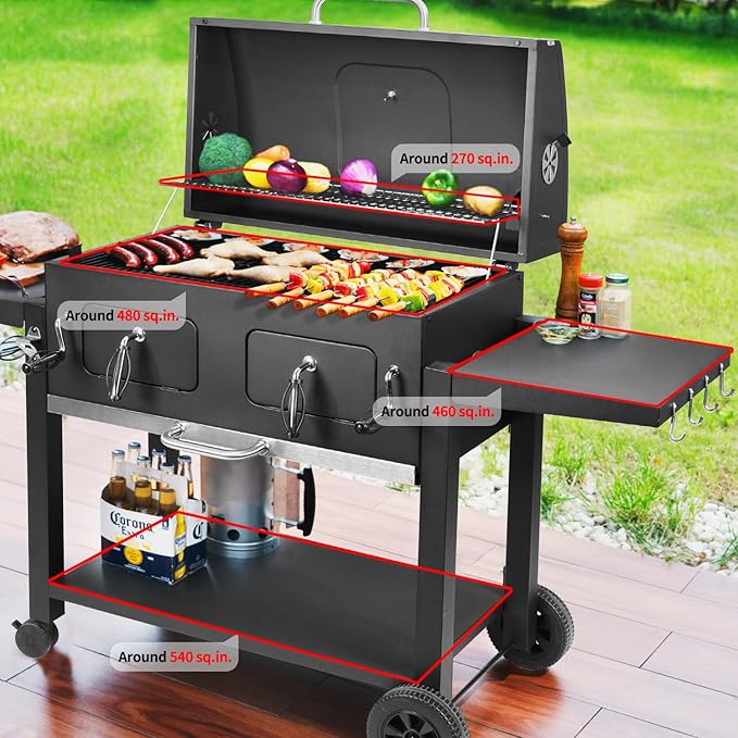 Kenadne Charcoal Grill Outdoor BBQ Grill, Extra Large Cooking Area 794 Square Inches with Two Individual & Adjustable Charcoal Tray, Foldable Side Tables for Outdoor Cooking grill Backyard