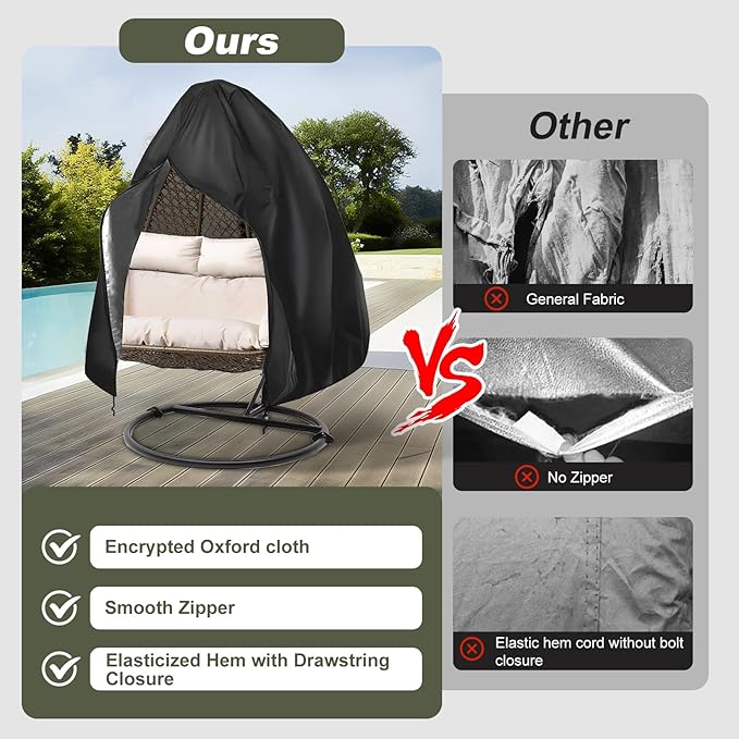 Heavy-Duty Outdoor Egg Chair Cover for Two-Seater - Zippered, UV-Resistant, Windproof, Anti-Oxidation & Anti-Fade Protection for Hanging Wicker Rocker Chairs, 79"x91" (Black)