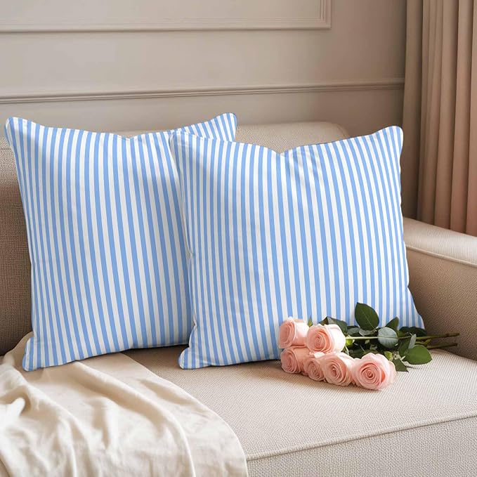 Throw Pillow Covers 24x24 Inch Set of 2, Blue White Stripe Waterproof Outdoor Cushion Covers, Modern Minimalist Geometric Striped Decorative Pillowcases for Couch, Sofa, Bed, Garden, Patio