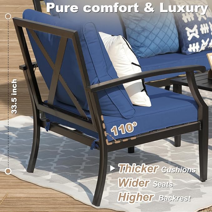 4-Piece Patio Furniture Set, Wider Outdoor Metal Seating Sofa with High Back & Loveseat, Coffee Table, All Weather Metal Conversation Set for Backyard, Poolside, Deck-Navy