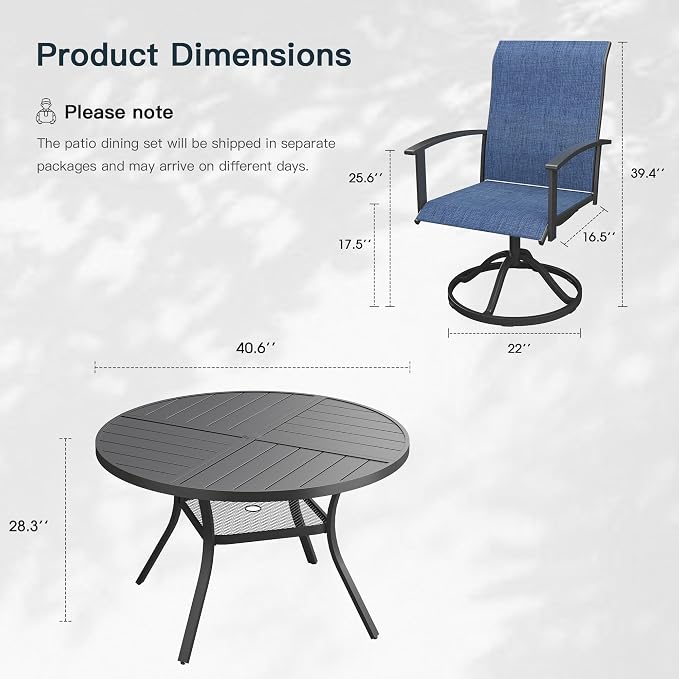 VICLLAX 5 Pieces Patio Outdoor Dining Set, 4 Swivel Textilene Chairs and 40.6" Round Metal Table with Umbrella Hole for Porch, Deck, Garden, Black/Dark Blue