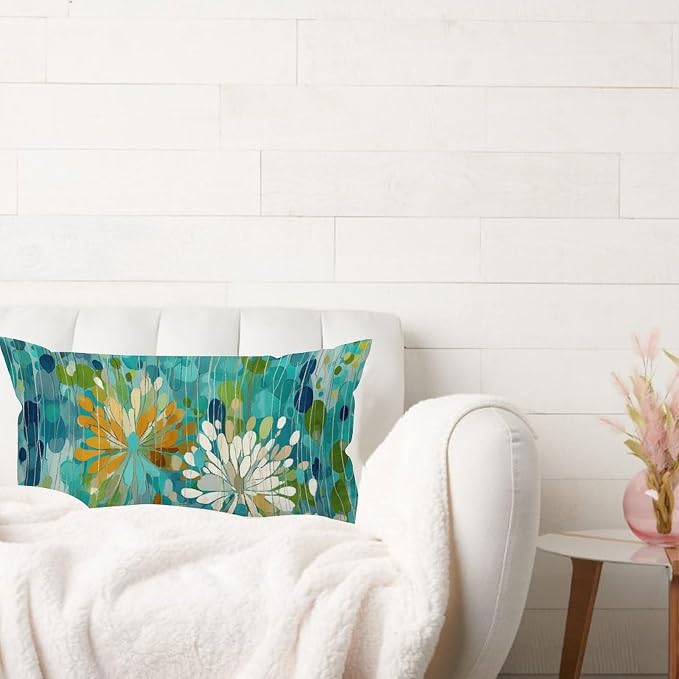 Make It Rain Fiesta Rectangle Lumbar Pillow Case Rainbow Teal Flower Throw Pillow Cover Rustic Decorative Cushion Covers Home Decor for for Bedroom Sofa Living Room Car 12x24in