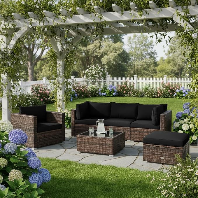 Tangkula 6 Pieces Wicker Patio Furniture Set, PE Rattan Outdoor Sectional Conversation Set with Glass Coffee Table & Ottoman, Wicker Sofa Set with Cushions for Yard Garden, Deck, Porch (Black)