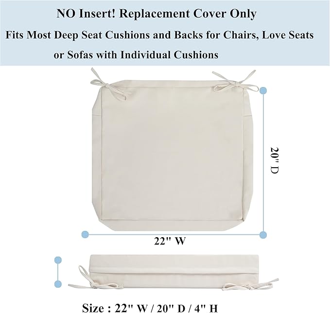 FUNHOME Outdoor Chair Cushion Covers 2 Pack, No Insert! Patio Cushion Covers Replacement 22" x 20" x 4", Water Resistant Patio Chair Cushion Slipcovers, Cream White(Covers ONLY)
