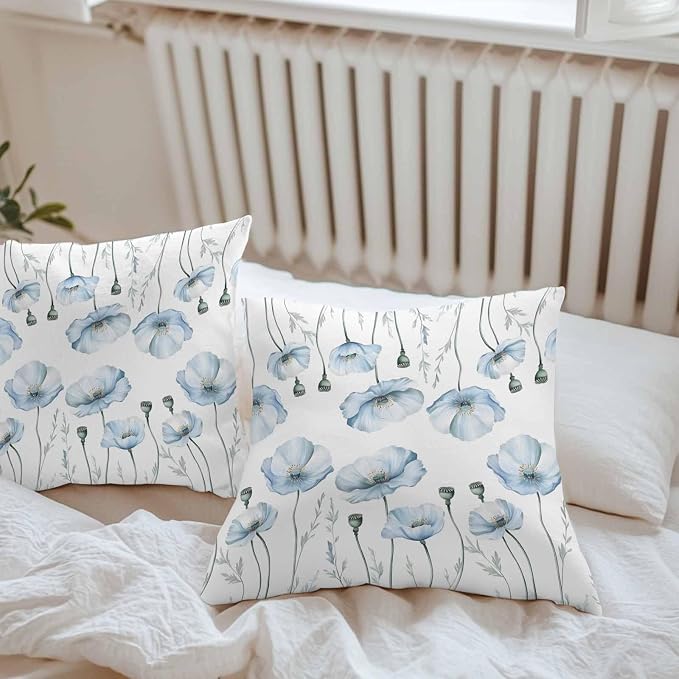 Blue Poppy Floral Waterproof Outdoor Pillow Covers Set of 2 Home Decor, Farmhouse Pastoral Botanical Flowers Pillowcase Patio Pillow Covers for Couch Bench Furniture Garden 18x18in