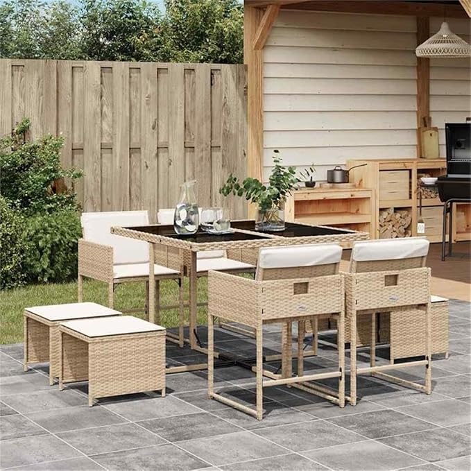Afuera Living 9-Piece Poly Rattan Patio Dining Set, Beige/Cream Color, Includes Table, 4 Chairs, 4 Stools, Removable Cushions, Weather-Resistant Build, Powder-Coated Steel, Modern Outdoor/Garden