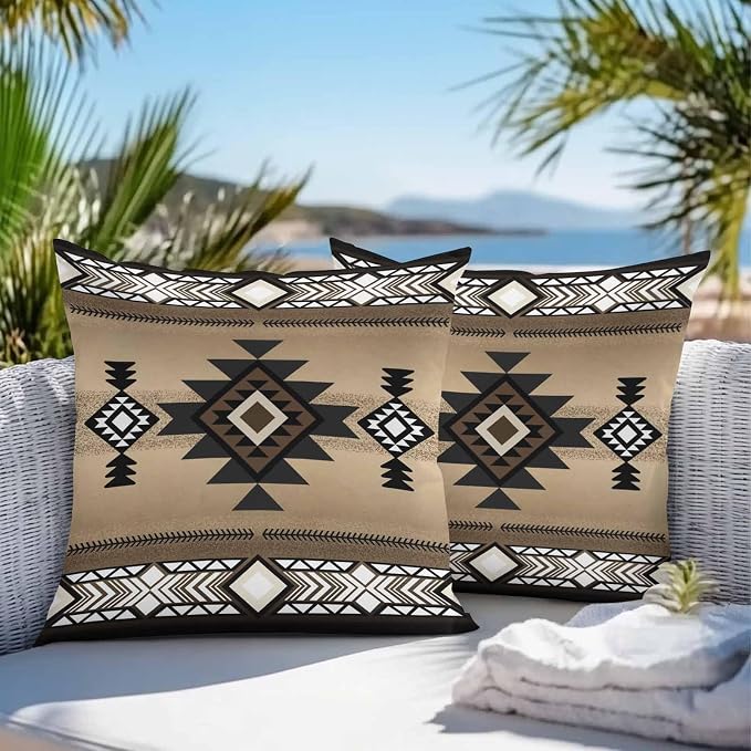 Vandarllin Outdoor Throw Pillows Covers 18x18 inch Set of 2 Waterproof Brown Tribal Style Decorative Zippered Cushion Covers for Patio Furniture, Southwest Native American Lumbar Pillowcases
