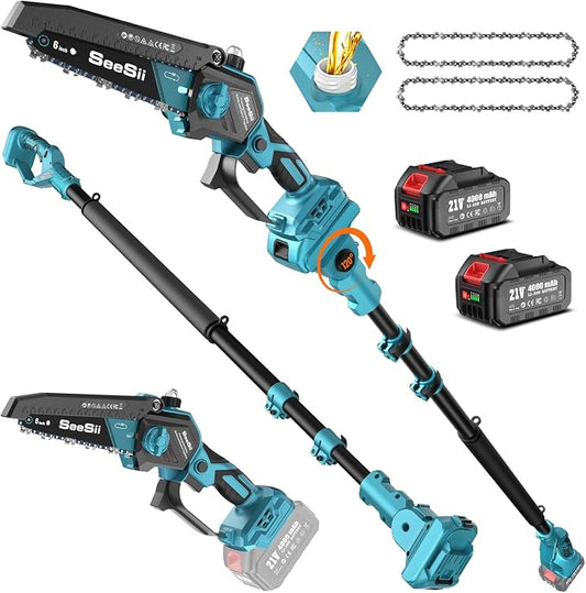SEESII 2-in-1 Electric Pole Saws: Electric Mini Chainsaw 6 Inch Cordless, 2 x 4000mAh Batteries Tree Pruner, Brushless Chain Saw with Extension Pole for Limb Branch Cutter,16Ft Reach