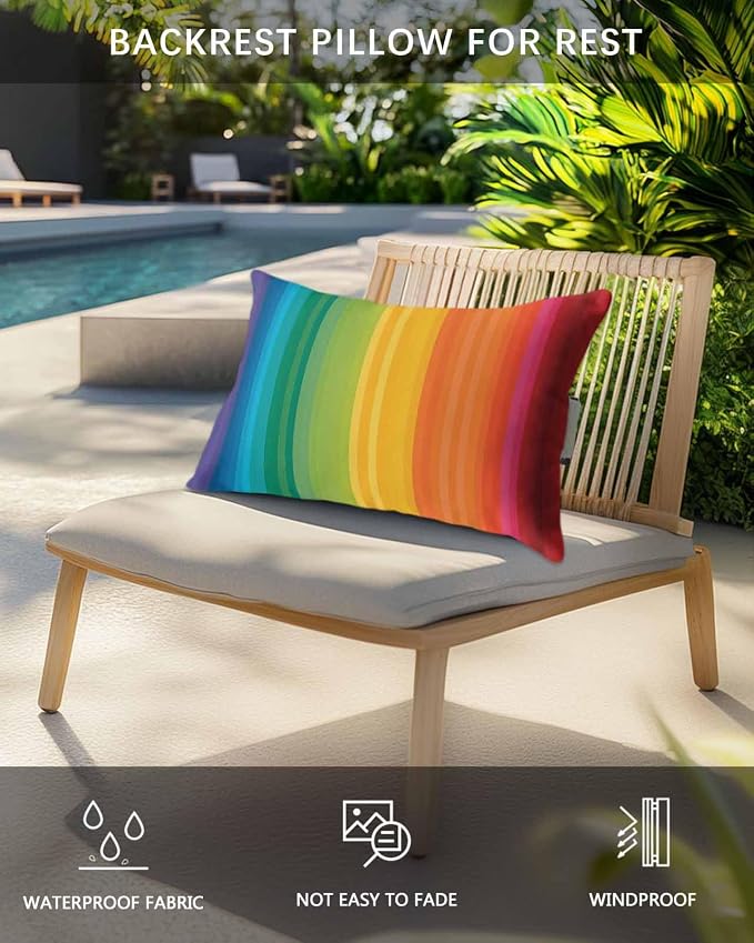 Outdoor Pillows for Chaise Lounge Chair Set of 2 Colorful Stripes Rainbow Waterproof Lumbar Pillows with Insert for Beach Chair,Patio Office,Pool Recliner,Watercolor Line Minimalist Geometric 11x16IN