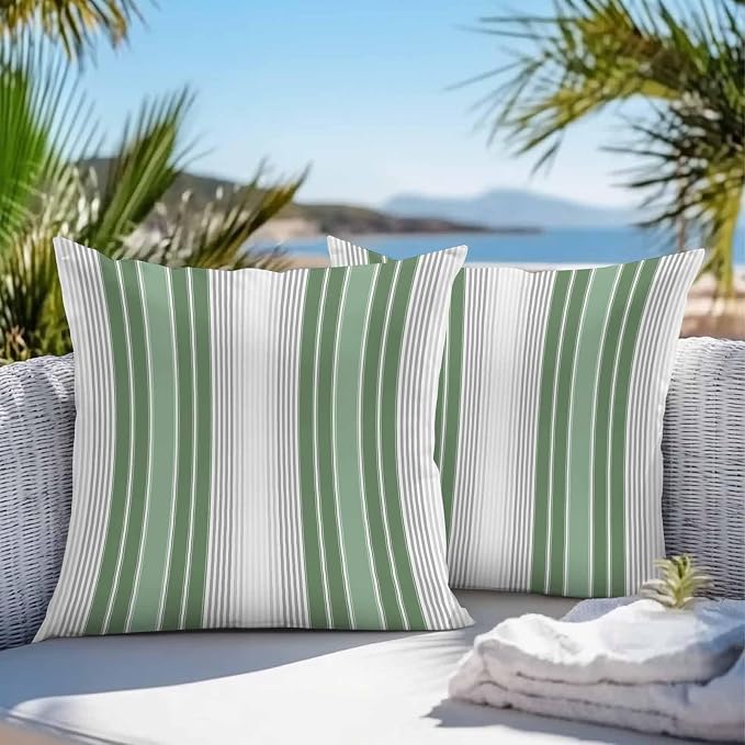 Chucoco Outdoor Waterproof Throw Pillow Cover, Green White Striped Decorative Pillows Cushion Covers, Classic Geometric Line 2 Pack Pillow Cases for Patio Garden Balcony Couch Sofa 24x24in