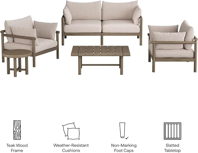 Modway Eleni 5-Piece Outdoor Teak Wood Patio Furniture Set in Weathered Gray Pebble – Backyard Conversation Set with Loveseat, 2 Armchairs, Side Table, and Coffee Table