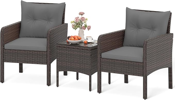 HAPPYGRILL 3 Piece Patio Bistro Set Rattan Wicker Outdoor Conversation Set with Cushions and Coffee Table, Outside Furniture with Rattan Chairs for Porch, Balcony, Deck and Garden (Gray)