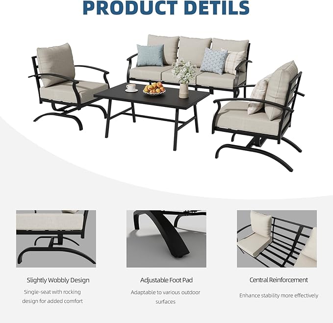 ALAULM 4 Piece Patio Furniture Set,Outdoor Metal Patio Furniture with Coffee Table & Rocking Chairs Conversation Set for Porch,Backyard,Poolside, Garden-Sand