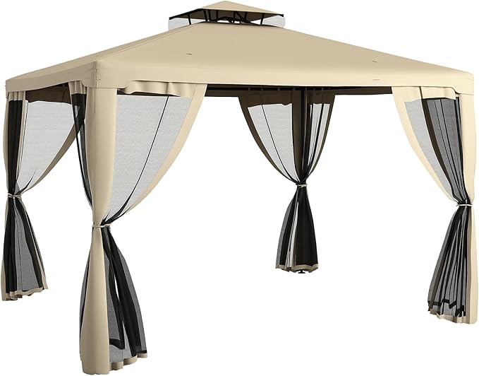 Outsunny 9.6' x 11.6' Patio Gazebo, Outdoor Canopy Shelter with 2-Tier Roof and Netting, Steel Frame for Garden, Lawn, Backyard, and Deck, Taupe