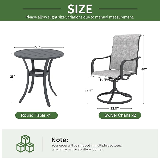 Anmutig 3-Piece Outdoor Patio Dining Set, 27.5" Black Round Table with 2 Swivel Rocking Patio Chairs Furniture Set for Kitchen Garden, Backyard, Grey