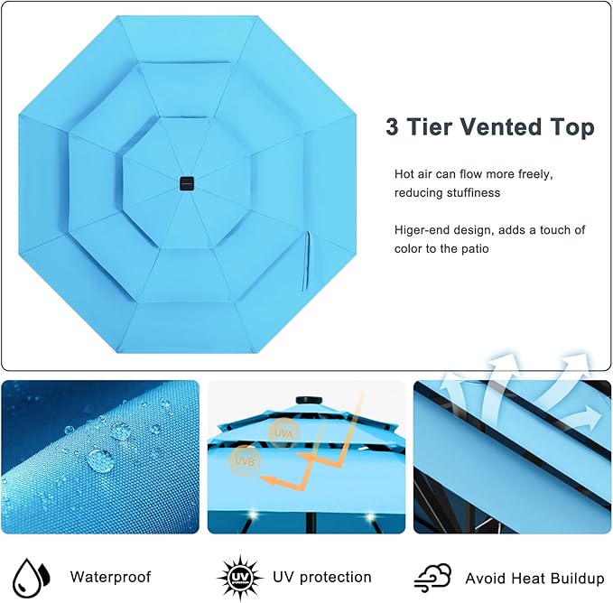 ABCCANOPY Solar Led Patio Umbrellas 3-Tiers 11FT (Lake)