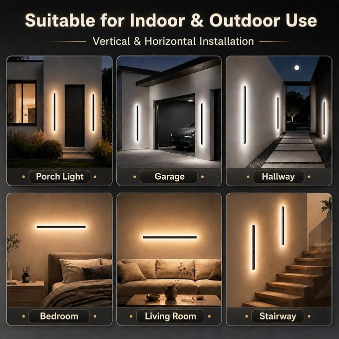 2 Pack 59In Long Outdoor Wall Light, 2700K-6500K Dimmable Modern LED Exterior Wall Sconce, IP65 Waterproof Black Linear Wall Mount Lighting for House, Courtyard, Porch, Garage