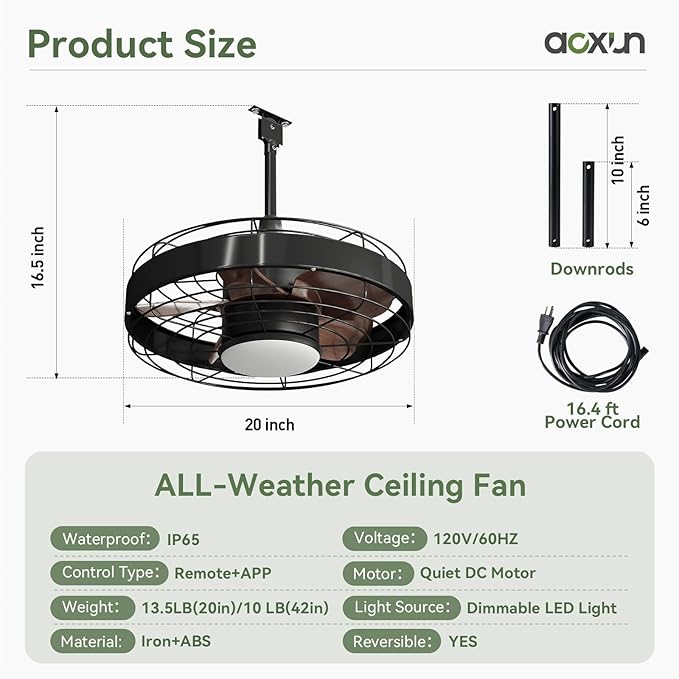 Aoxun 12' x 20' Outdoor Wood Gazebo with 20" Ceiling Fan with Light, Hardtop Gazebo Permanent Wooden Pavilion with Galvanized Steel Gable Roof, for Patio, Garden, Deck, Cedar Wood