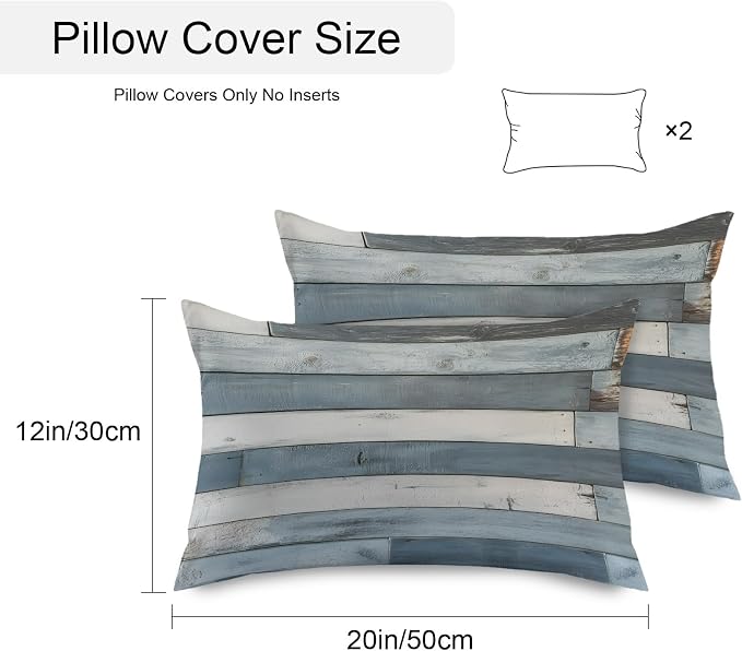 Vintage Blue Farmhouse Outdoor Pillow Covers Waterproof, All Weather Cushion Case Set of 2, Retro Wooden Country Lumbar Pillowcase for Sofa Couch Bed Decor Patio Furniture 20"x12"