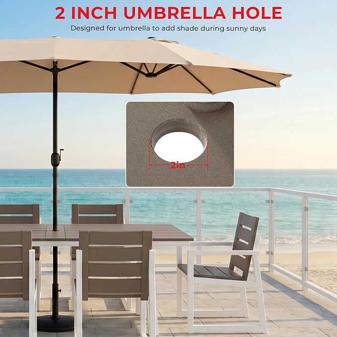 Costaelm Stinson 9-Piece Outdoor HDPE Patio Dining Table Set with Umbrella Hole & Dining Chairs for 8, Weathered Wood