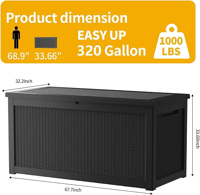 320 Gallon Heavy Duty Outdoor Storage Box, Extra Large Storage Organizer for Patio Furniture Accessories, Garden Tools, Indoor Storage for Cushion, Matte Black
