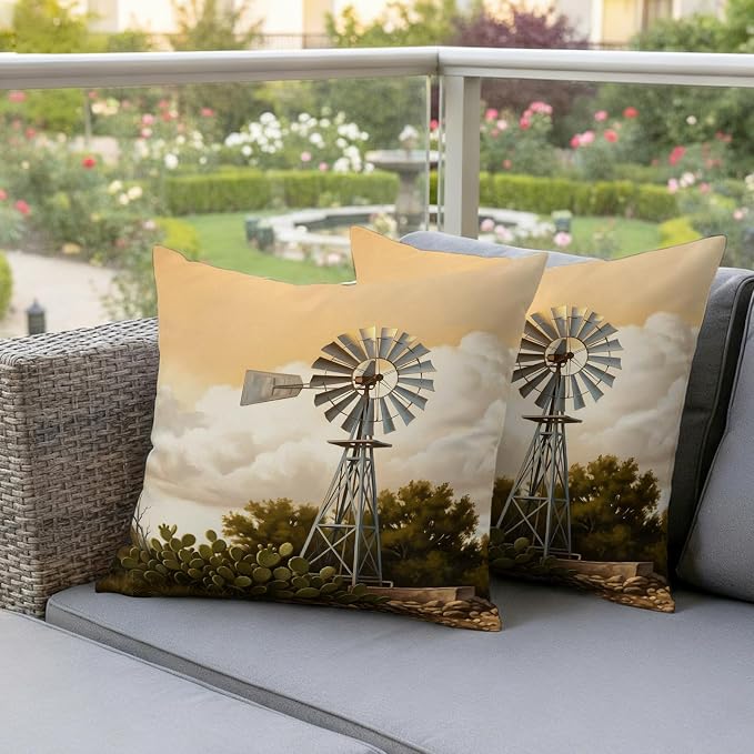 Windmill Outdoor Pillow Covers 24"x24" Set of 2, Windmill Farmhouse Sunset Field Trees Rustic Waterproof Throw Pillow Covers for Patio Furniture, Decorative Cushion Covers for Porch