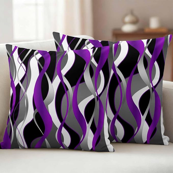 Outdoor Pillow Covers Set of 2, Modern Purple Grey Black Stripes Decorative Throw Pillow Covers 16X16IN, Gradient Abstract Art Throw Pillows Protector Cushion Case for Patio,Couch,Sofa,Garden