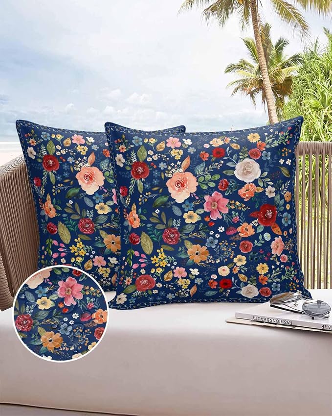 Vandarllin Outdoor Throw Pillows Covers 20x20 inch Set of 2 Waterproof Navy Blue Floral Decorative Zippered Cushion Covers for Patio Furniture, Farmhouse Vintage Flower Lumbar Pillowcases