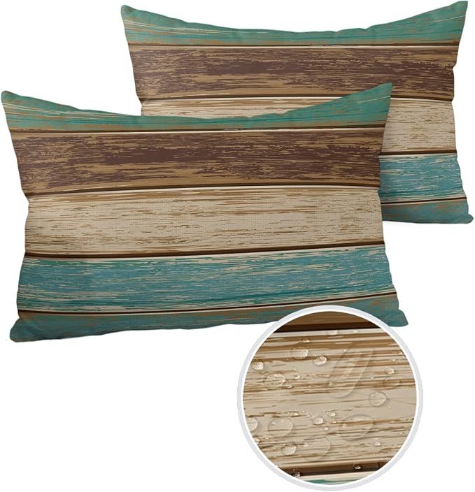 Outdoor Throw Pillows Covers 12X20 Set of 2 Waterproof Teal Turquoise Green Brown Decorative Zippered Cushion Covers for Patio Furniture, Farmhouse Retro Rustic Barn Wood Texture Lumbar Pillowcases