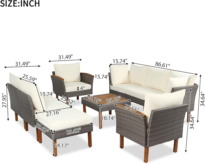 VilroCaz 9-Piece Outdoor Patio Sectional Sofa Set, PE Rattan Conversation Sofa Set with Acacia Wood Legs, Modern All Weather Outdoor Garden Furniture Set with Comfortable Cushion and Coffee Table
