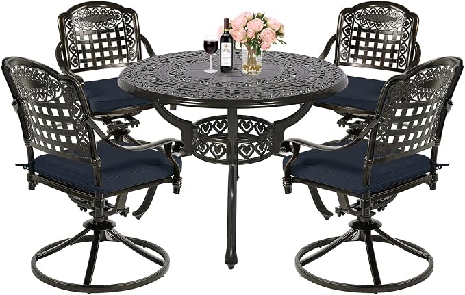 MEETWARM 5-Piece Outdoor Patio Dining Set, All-Weather Cast Aluminum Patio Conversation Set with 4 Cushions Swivel Rocker Chairs for Backyard Garden Deck and 38.5" Round Table, Navy Blue