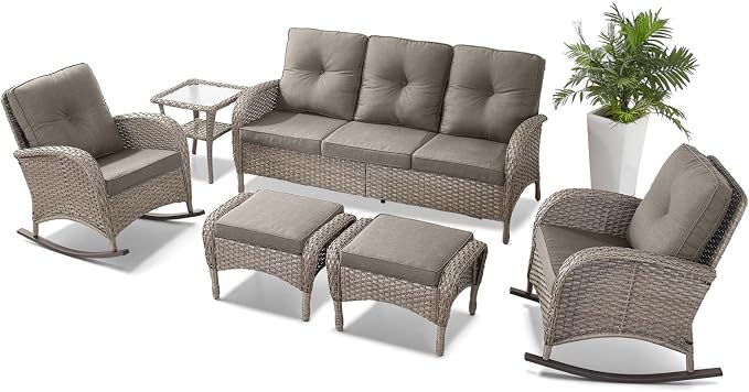 Belord 6 Pieces Patio Rocking Chairs Outdoor Furniture Set with Outdoor Couch and Ottoman Conversation Patio Furniture Set Perfect for Sunroom Deck Backyard