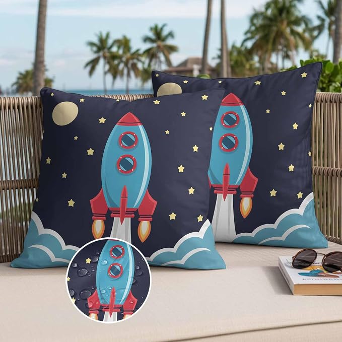 Rocket Stars Outdoor Waterproof Throw Pillow Covers Set of 2, 26"x26", Moon Sky Cartoon Space Craft Decorative Pillow Covers Outside Cushion Case for Patio Porch Garden