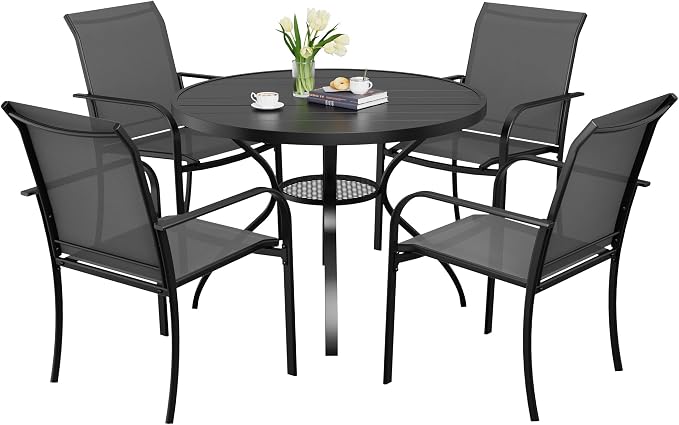 Incbruce 5 PCS Patio Dining Set, Outdoor Dining Set of 4 Textilene Chairs and 41" Round Table with Umbrella Hole for Backyard, Garden, and Poolside (Grey)