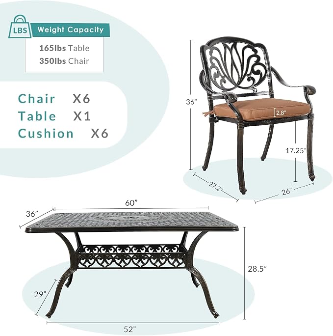 MEETWARM 7-Piece Outdoor Patio Dining Set, All-Weather Cast Aluminum Patio Conversation Set for Backyard Garden Deck with 6 Cushioned Chairs, 1 Rectangular Table, 2" Umbrella Hole, Dark Bronze